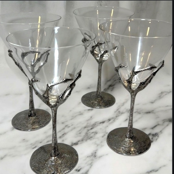 unbranded Other - 4 Pottery Barn Goth Halloween Silver Metal SKELETON HAND Clear MARTINI GlASSES